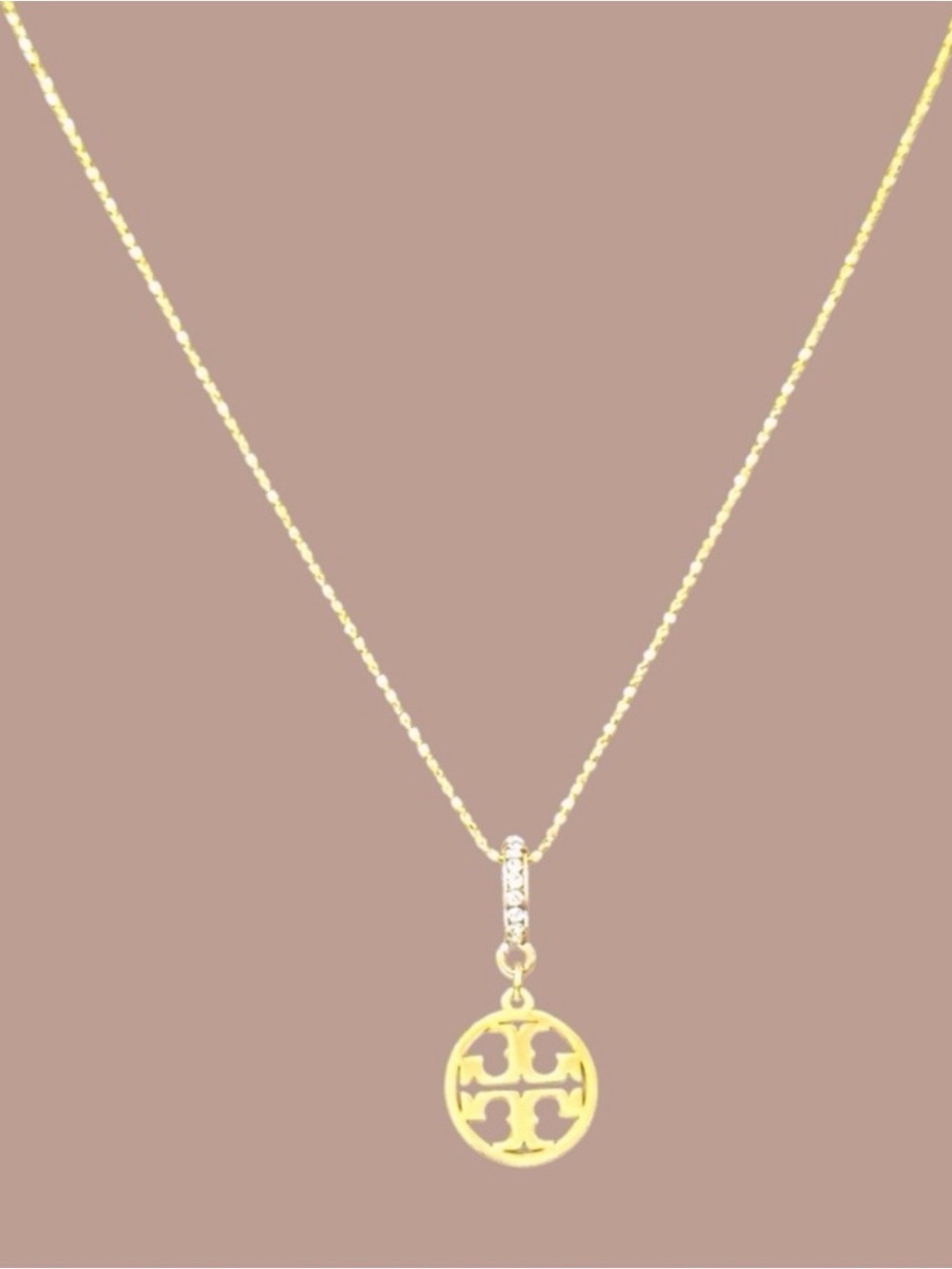 Tory Burch Gold Logo Disc Necklace with Crystal Bail - Picture 2 of 3